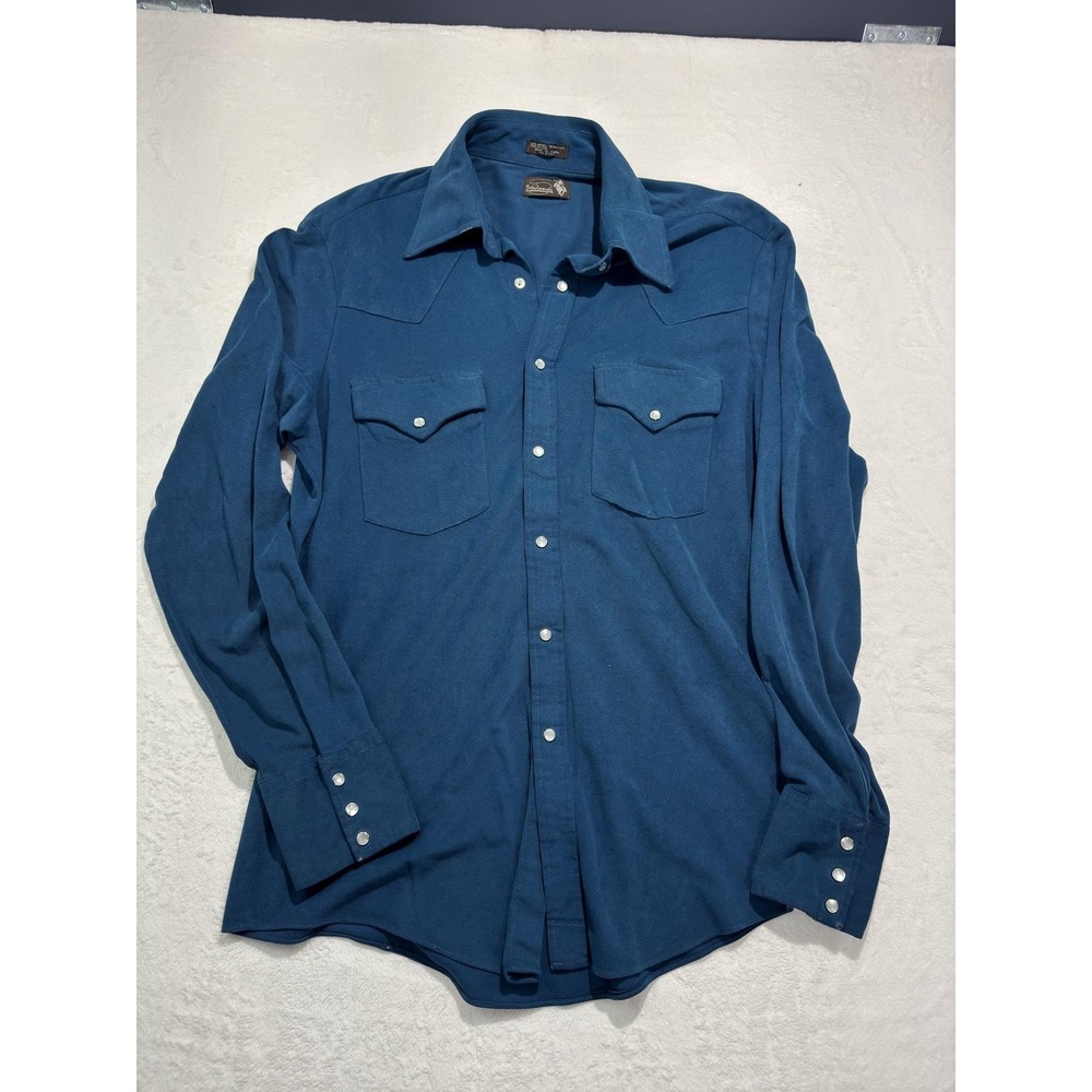 Vintage Ponderosa Shirt Mens Medium Blue Western Pearl Snap Long Sleeve Cowboy